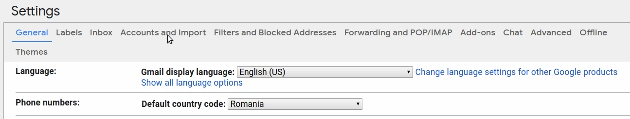 Sectiunea Setari Gmail