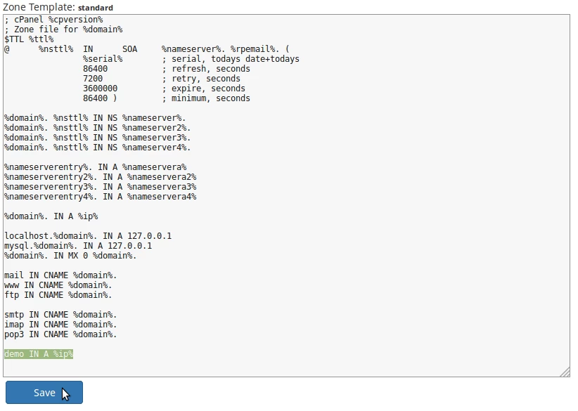 Editare Zone Template standard